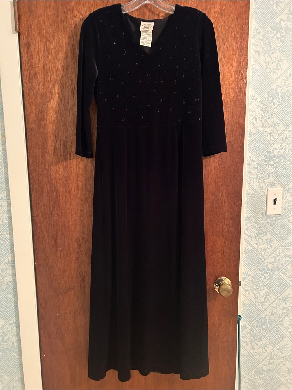 Laura Ashley Black Velvet Maxi Dress with Beaded Bodice Accents